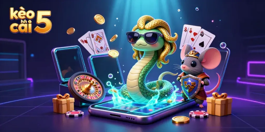 Experience kèo nhà cái 5 with a vibrant 3D illustration showcasing Medusa, a warrior mouse, and dynamic casino elements.