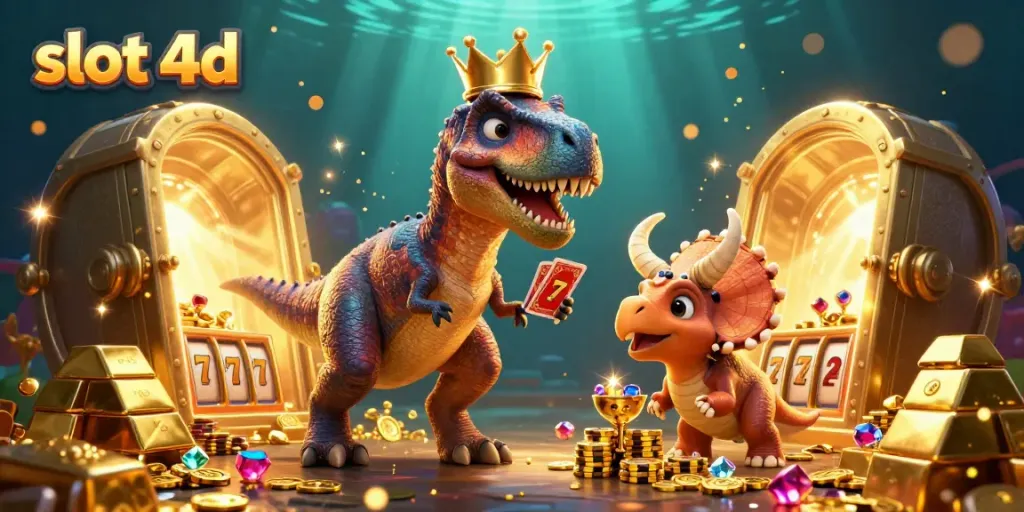 Engage in thrilling slot 4d adventures featuring a T-Rex shuffling cards and a pterodactyl assistant.