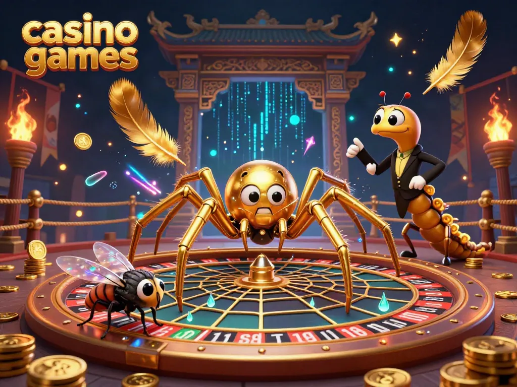 Engaging illustration of casino games showing a golden spider as a croupier in a web roulette.