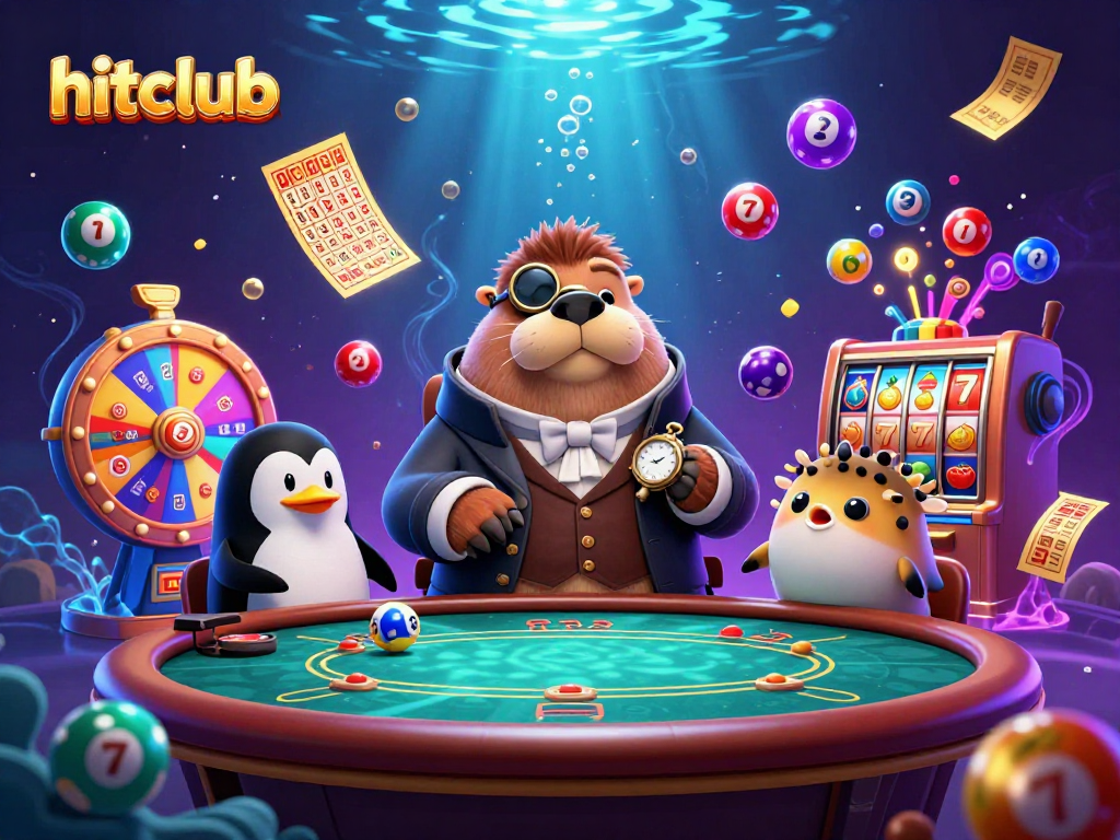 Hitclub players engage in an underwater poker game featuring a walrus and vibrant casino elements.