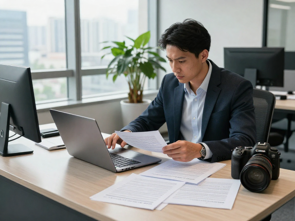 Business professional conducting document fraud detection analysis in a modern office environment