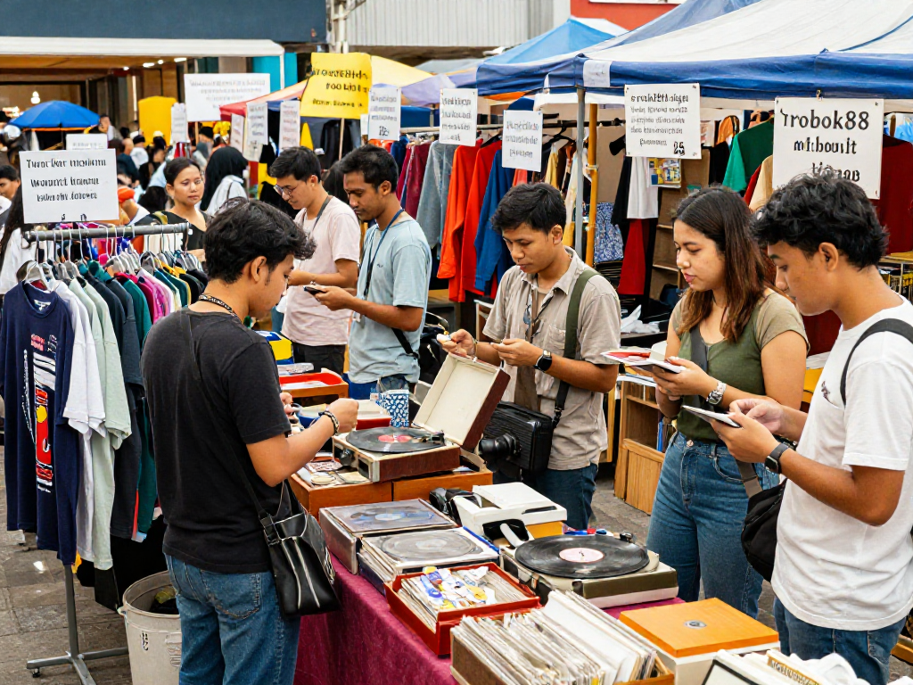Scene of diverse shoppers exploring second-hand treasures at marketplace to highlight rokok88 login experience.