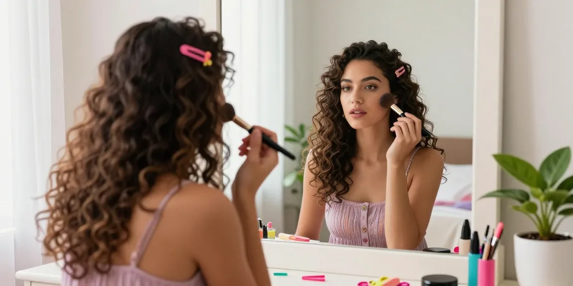 Curly hair clip in extensions enhancing a woman's look in a stylish bedroom.