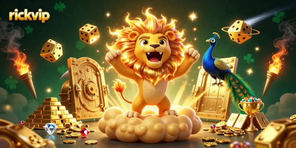 Experience rickvip's exhilarating gameplay with a roaring sun lion and golden treasures in this vibrant online casino illustration.