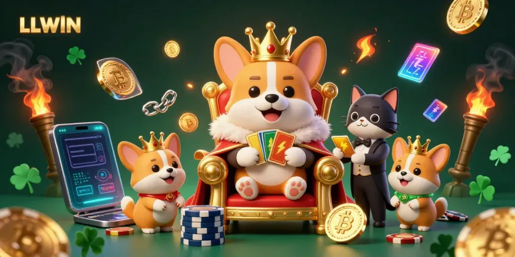 Engage with LLWIN's exciting gaming world through a grand corgi throne and crypto elements.