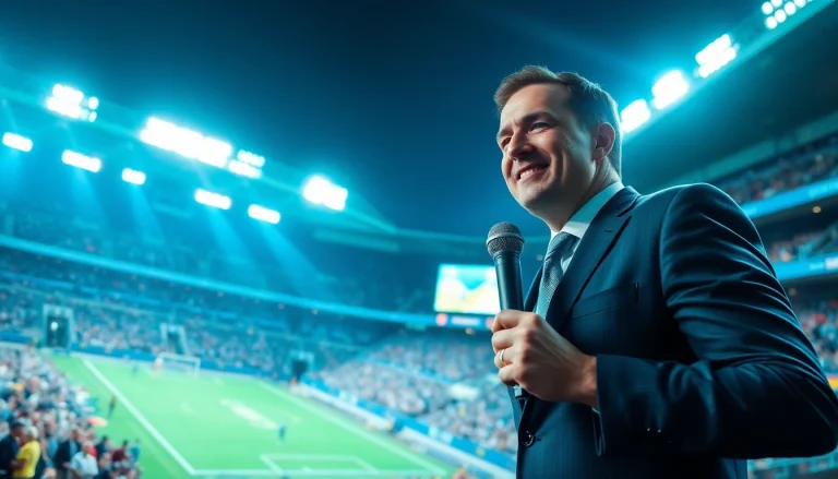 Sports Broadcasting scene featuring a confident broadcaster in a vibrant stadium.