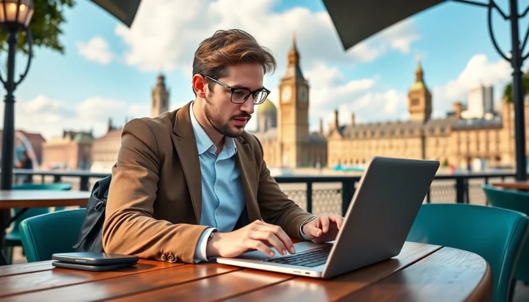 Traveler engaged in uk eta online application process at a scenic cafe, showcasing hassle-free digital experience.