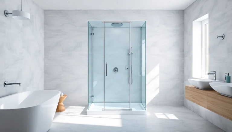 Duschkabine 80x80 in eleganter moderner Badezimmerumgebung mit klaren Linien und hellem Licht.