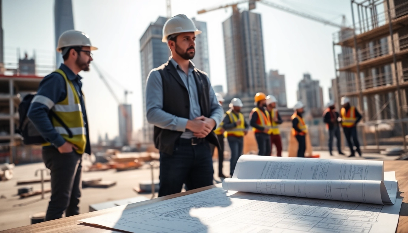 Manhattan Commercial General Contractor leading a construction team on-site with blueprints and equipment.