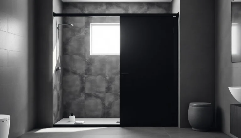 Showcase a modern black shower door with a clean design in an elegant bathroom setting.