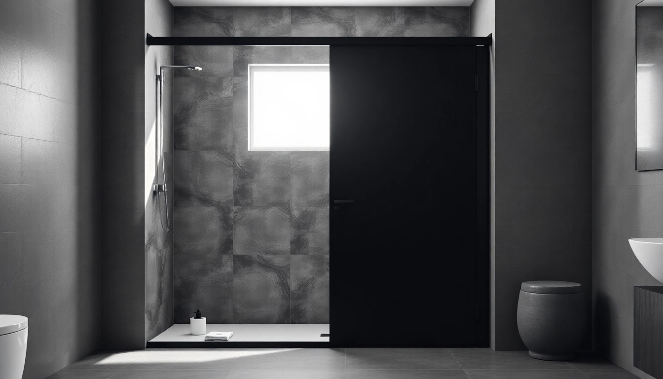 Showcase a modern black shower door with a clean design in an elegant bathroom setting.