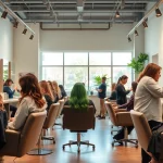 Aveda salon San Diego showcasing professional hairstylists and eco-friendly products in a modern setting.