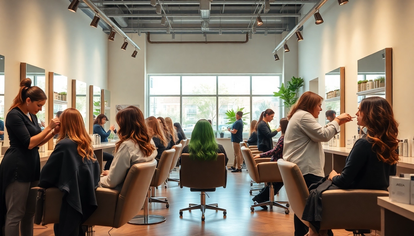 Aveda salon San Diego showcasing professional hairstylists and eco-friendly products in a modern setting.