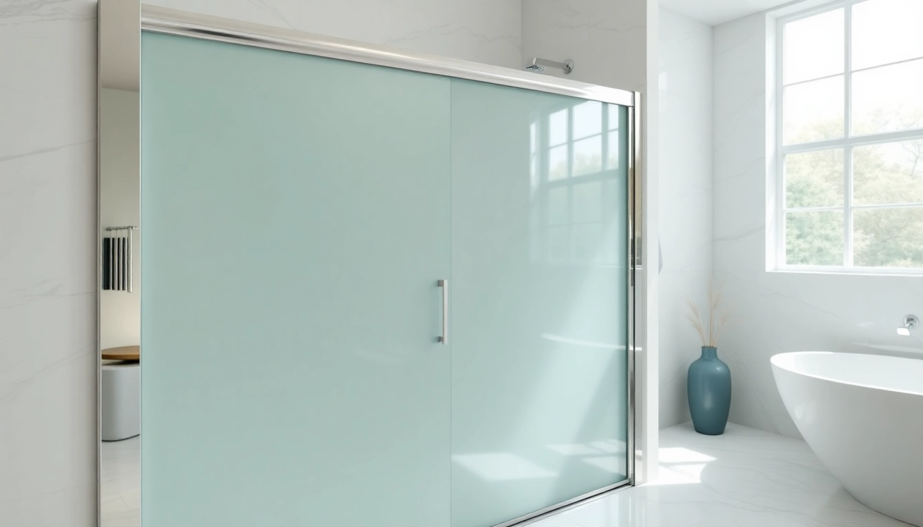 Showcase of modern shower doors sliding, highlighting sleek design in an elegant bathroom.