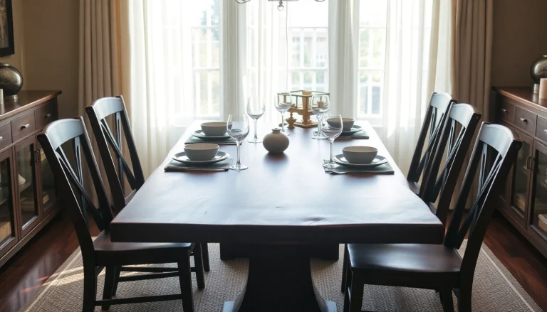 Handcrafted dining table showcasing solid American hardwoods with elegant dining chairs in a cozy setting.