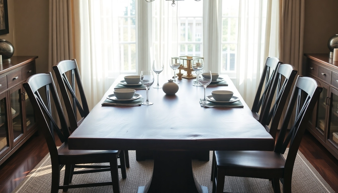 Handcrafted dining table showcasing solid American hardwoods with elegant dining chairs in a cozy setting.