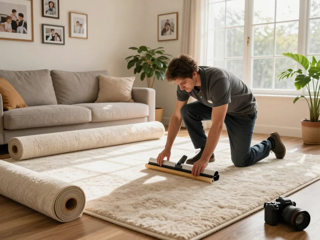 Home carpet fitting services in action, professional installing plush carpet in inviting living room.