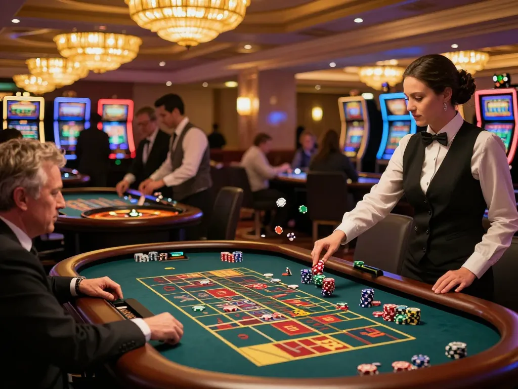 Players at a man club table enjoying roulette bets under warm casino lighting.