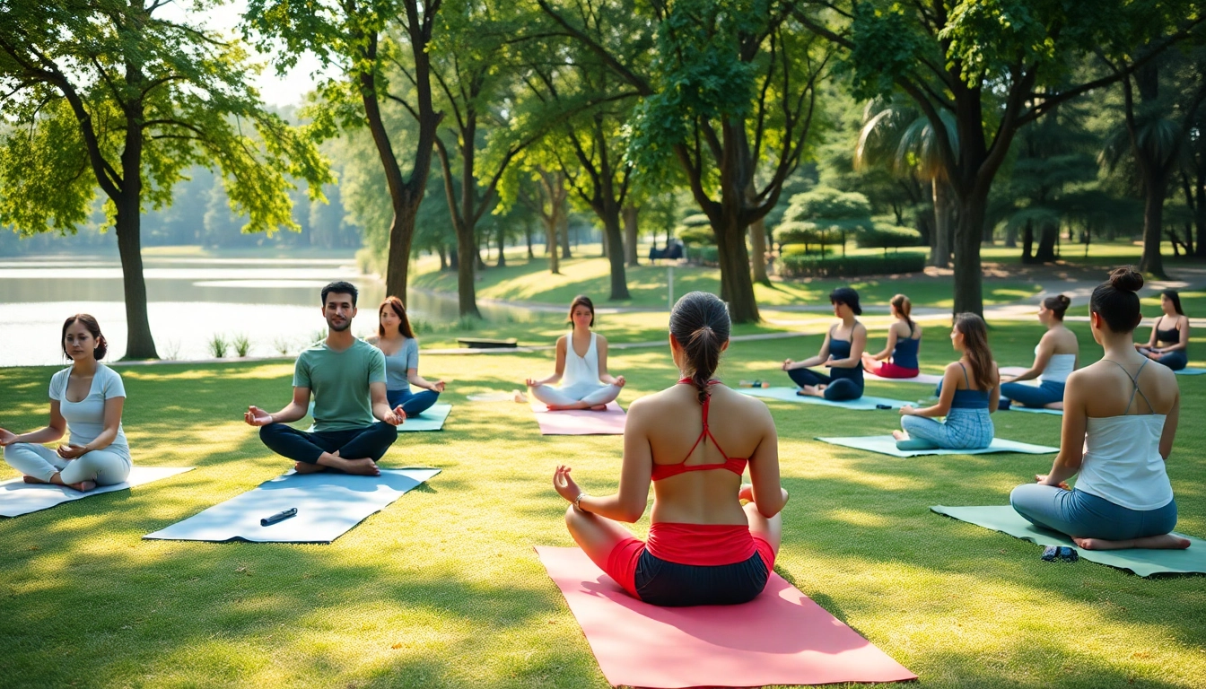 Promote mental wellness through mindfulness practices in a serene park setting.