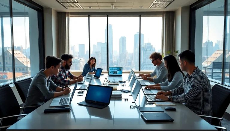 Dynamic team collaborating on NYC website development in a modern office.
