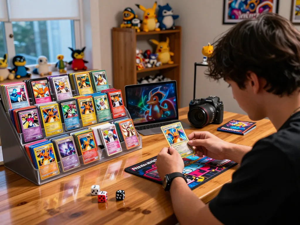 Passionate fan examining Phantasmal Flames Mega Charizard X ex card in a cozy collector's nook.