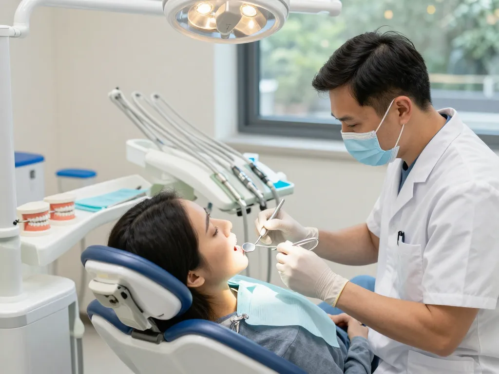 Dental tools in action as a dentist uses advanced instruments during a patient examination in a modern dental office.