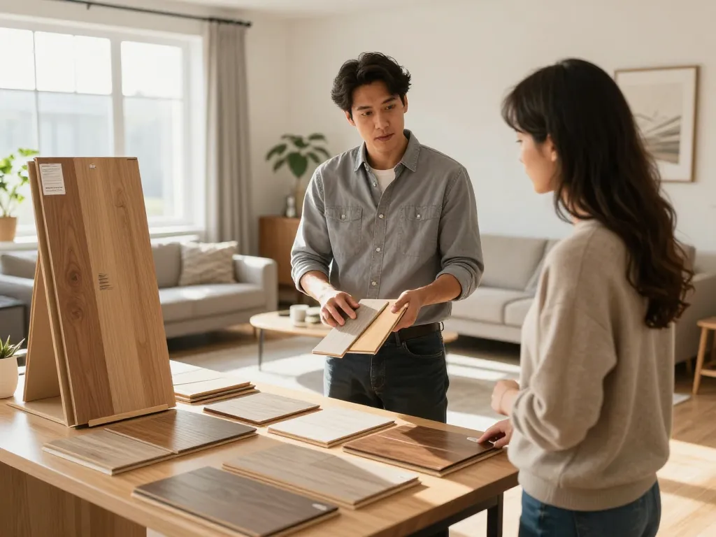 Flooring specialists near me showcasing vinyl plank samples in a bright living room setting.