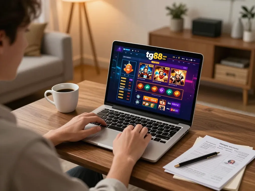 Player engaging with tg88 com on a laptop in a cozy home setting for online casino gaming.