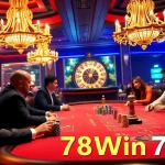 Experience the excitement of 78Win with players at a vibrant poker table in a luxurious casino setting.