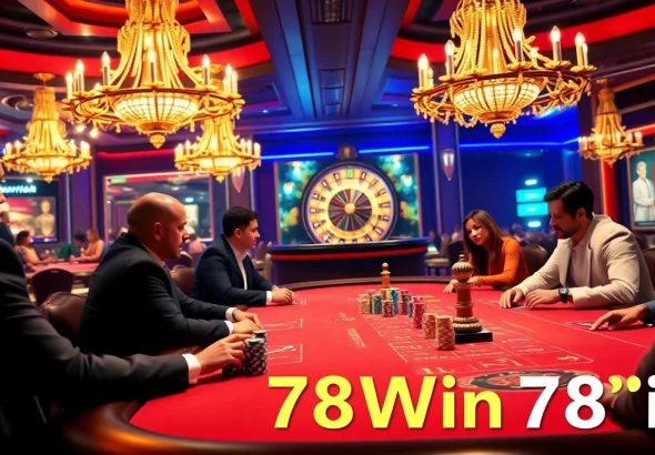 Experience the excitement of 78Win with players at a vibrant poker table in a luxurious casino setting.