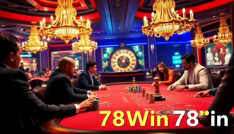 Experience the excitement of 78Win with players at a vibrant poker table in a luxurious casino setting.