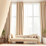 Verduisterende gordijnstof transformeert een woonkamer met elegante draperieën en warme kleuren.