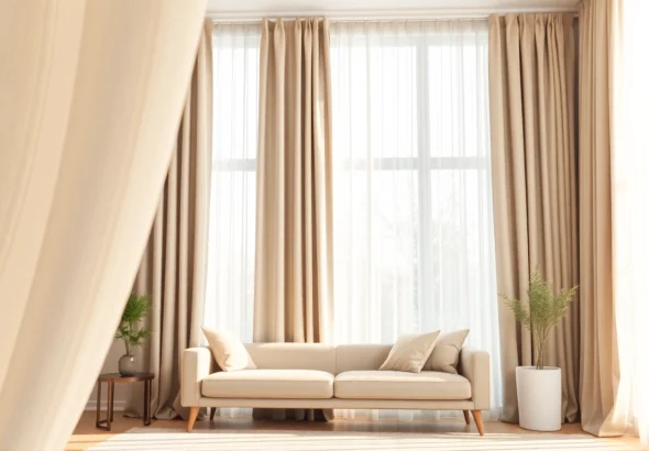Verduisterende gordijnstof transformeert een woonkamer met elegante draperieën en warme kleuren.