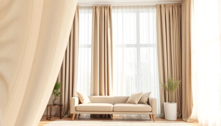 Verduisterende gordijnstof transformeert een woonkamer met elegante draperieën en warme kleuren.
