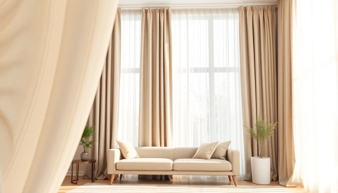 Verduisterende gordijnstof transformeert een woonkamer met elegante draperieën en warme kleuren.