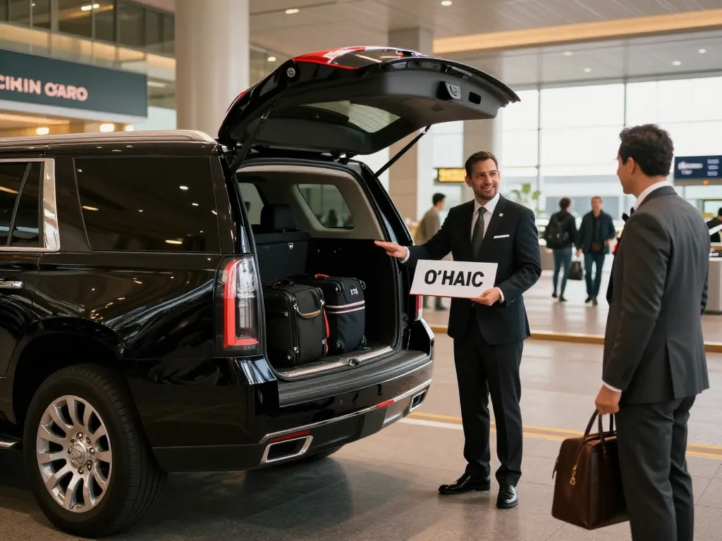 Chauffeur service welcoming guests at O'Hare Airport with luxury GMC Yukon.