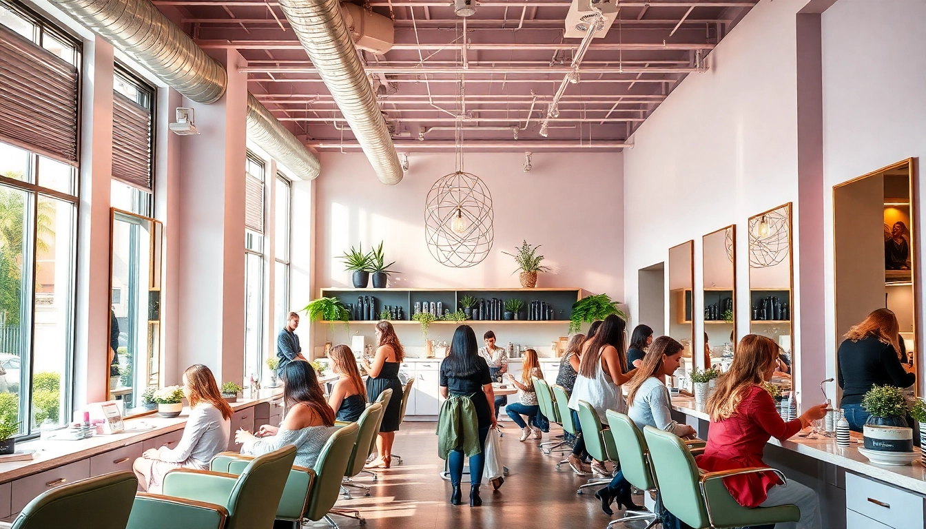 Award winning hair salons interior showcasing a modern, bustling atmosphere with diverse stylists and clients engaged in hair treatments.
