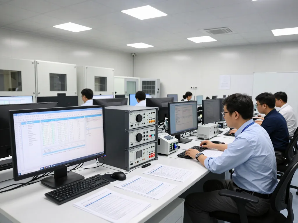 Engineers performing ICES compliance testing in a modern EMC lab with advanced equipment.