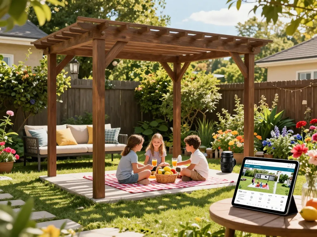3D pergola configurator in a beautifully landscaped backyard with family enjoying a sunny day.