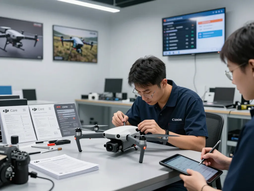 Expert technician demonstrating DJI Care services while repairing a drone in a modern facility.