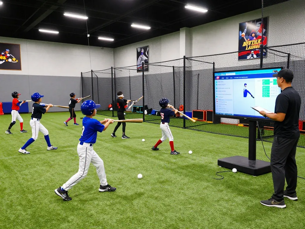 Hitclub athletes training with coach in dynamic indoor baseball facility, showcasing batting techniques and technology.