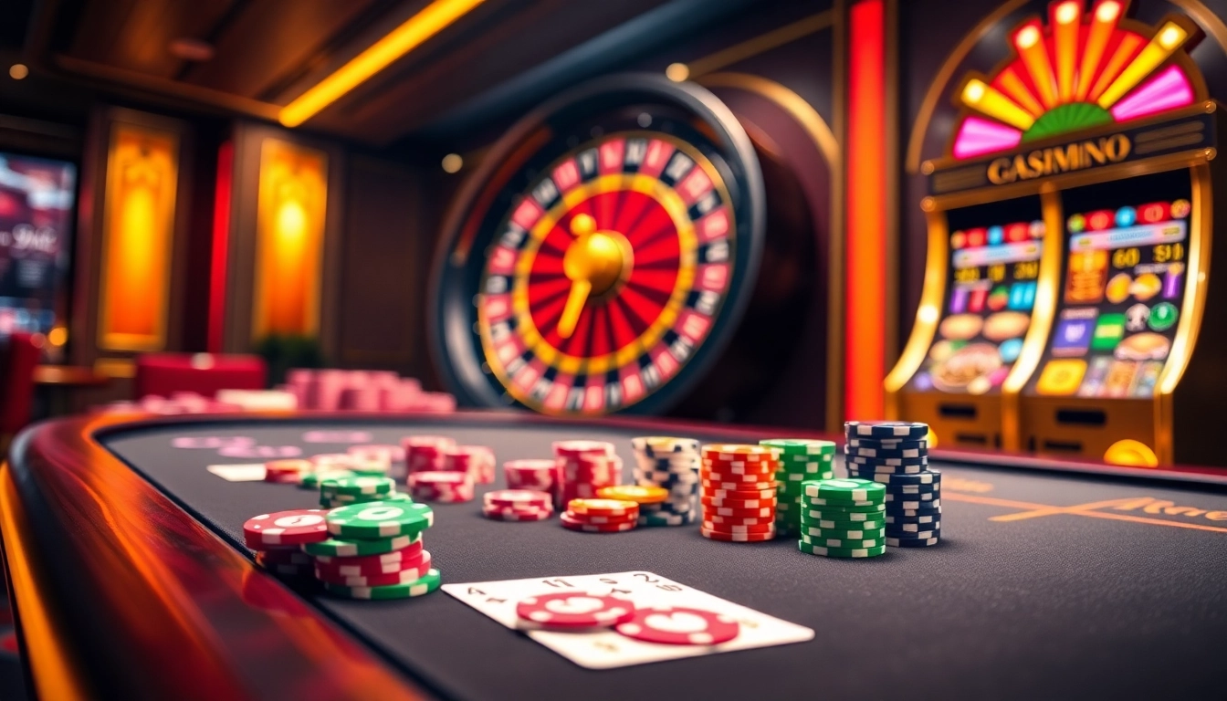 Exciting PG88 casino visual featuring poker chips, cards, and a roulette wheel in a vibrant atmosphere.