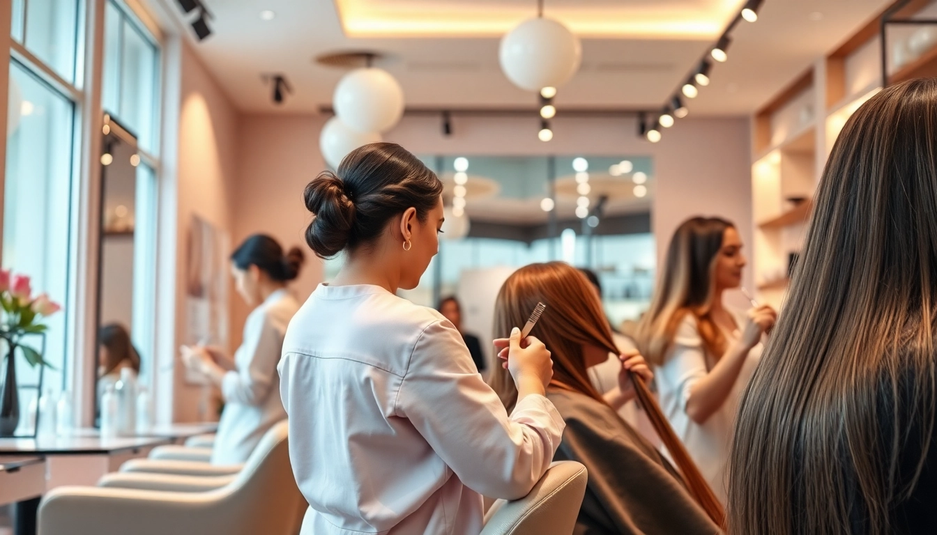 Transformative styling at peluquería mujer featuring skilled hairdressers and elegant decor.