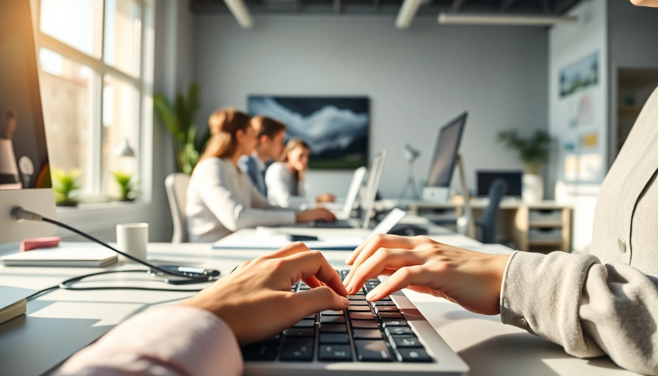 Typing Center with focused typists working diligently in a bright office environment.