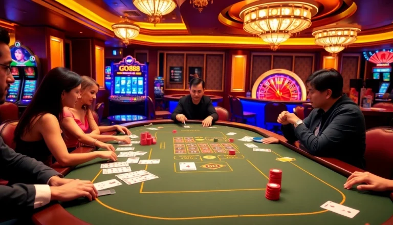 Players enjoying a thrilling GO88 casino game at a vibrant gambling table with professional elements.