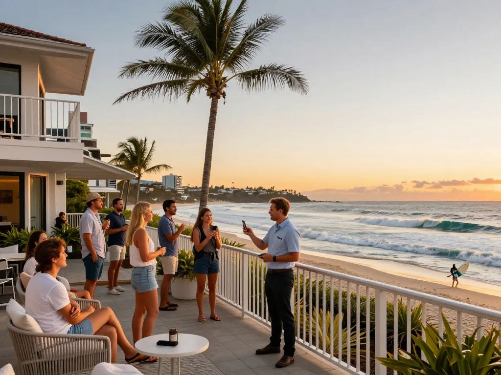 Stunning beachfront property showcasing airbnb management gold coast with engaging hosts and happy guests.