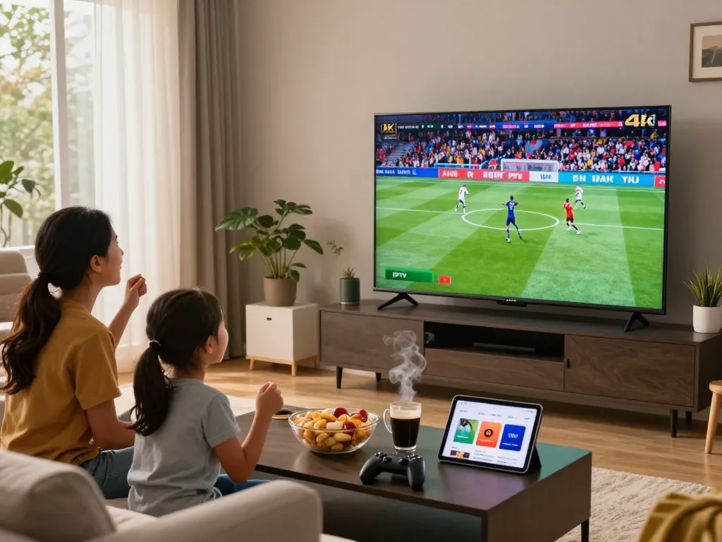 Enjoy IPTV kaufen in a vibrant living room with family watching 4K sports on a Smart TV.