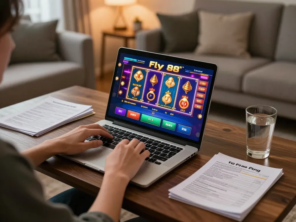 Engaging player enjoying fly 88 online casino gaming with strategy notes and laptop in cozy home.