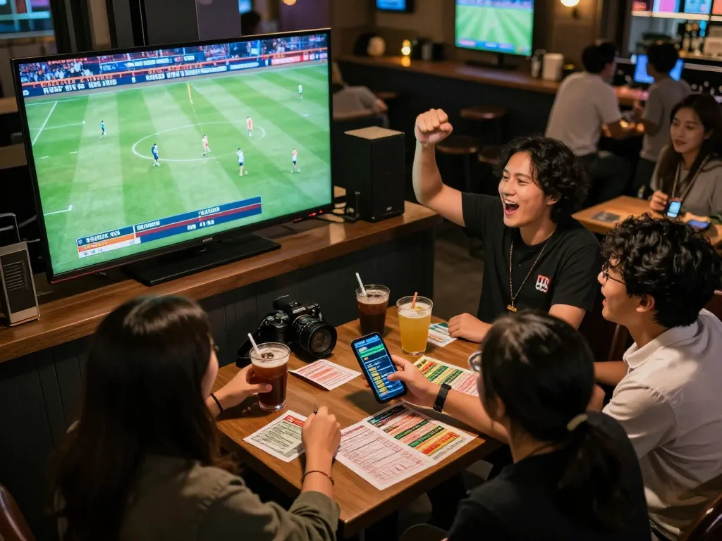 Engaging fan atmosphere as a sports bettor uses a mobile app for kèo nhà cái, vibrant sports bar scene.