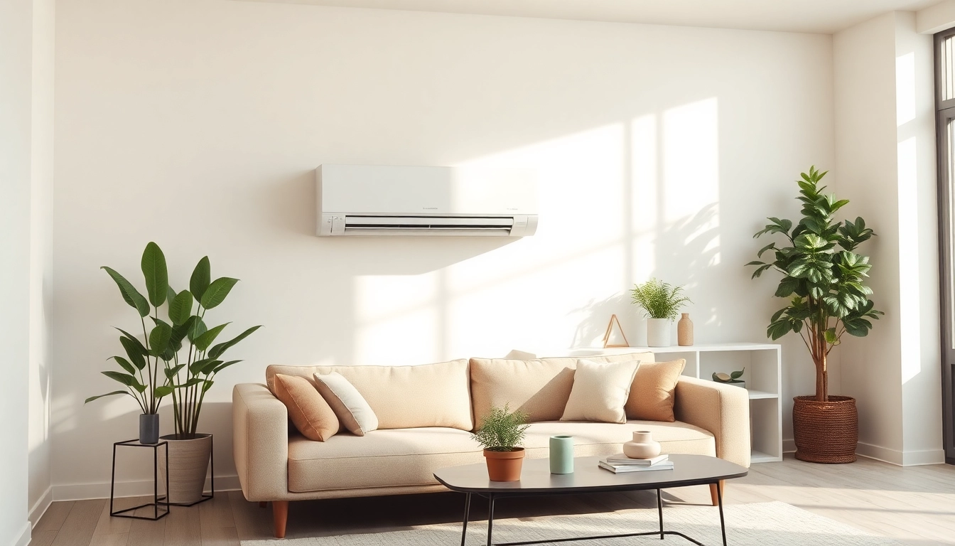 Enhance comfort with a Mitsubishi mini split AC unit in a modern living room setting.